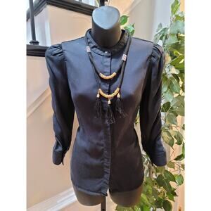 White House Black Market Shirt X-Small Black Band Collar Puff Shoulder Button-Up